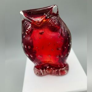 ⬇️🦉Vintage Lefton Clear and Red Glass Owl